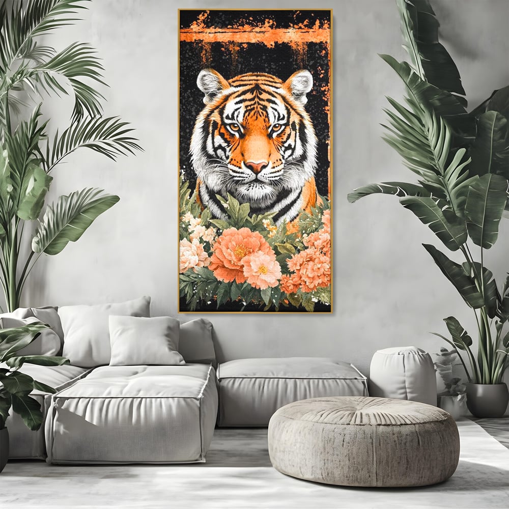 Tablou canvas cu tablou canvas cu tigru si flori, in rama de aluminiu auriu, pe perete intr-un living